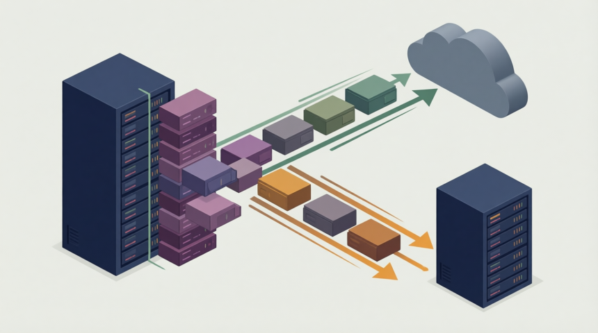 Flat editorial illustration: The article presents a bifurcated enterprise decision: European organizations evaluating VMware alte