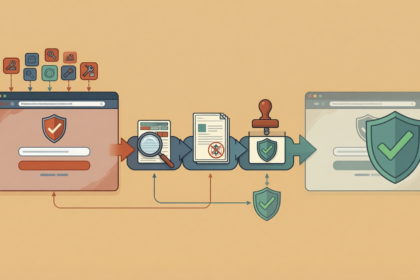 Flat editorial illustration: The article's core relationship is the brand protection response workflow: detection of a phishing o