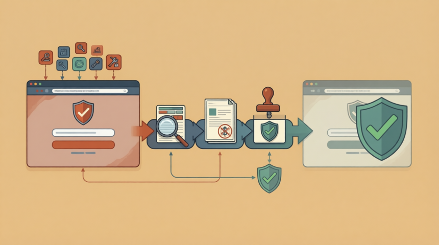 Flat editorial illustration: The article's core relationship is the brand protection response workflow: detection of a phishing o