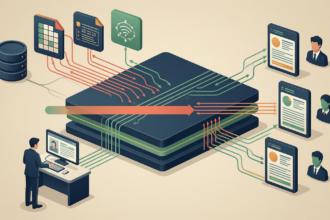 Flat editorial illustration: The article's core relationship is the contrast between fragmented inherited data infrastructure (wh