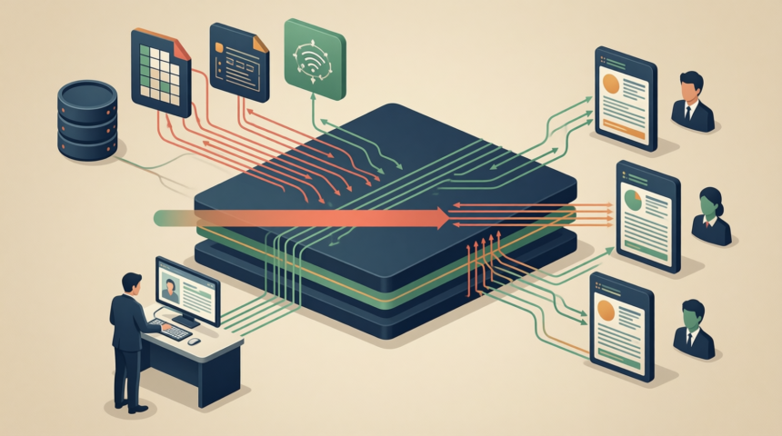 Flat editorial illustration: The article's core relationship is the contrast between fragmented inherited data infrastructure (wh