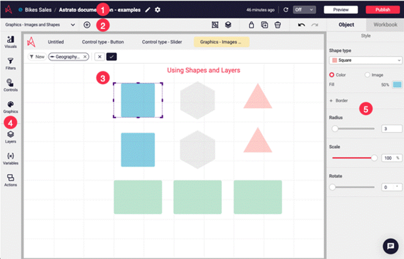 Graphic editor interface displaying shapes, layers, and styling controls