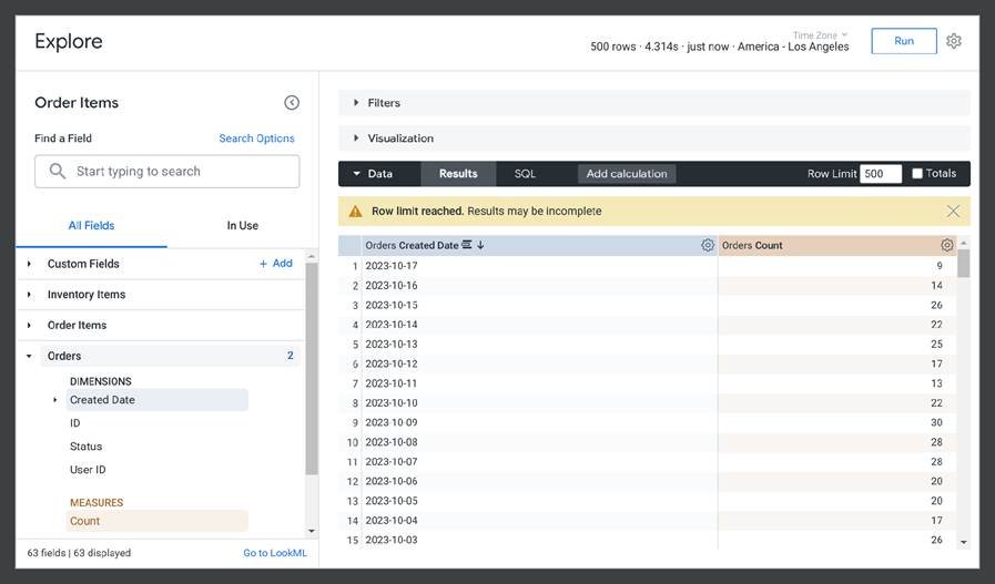 Explore interface showing order counts by creation date