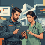 Emergency responder and nurse reviewing tablet with data dashboards