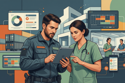 Emergency responder and nurse reviewing tablet with data dashboards