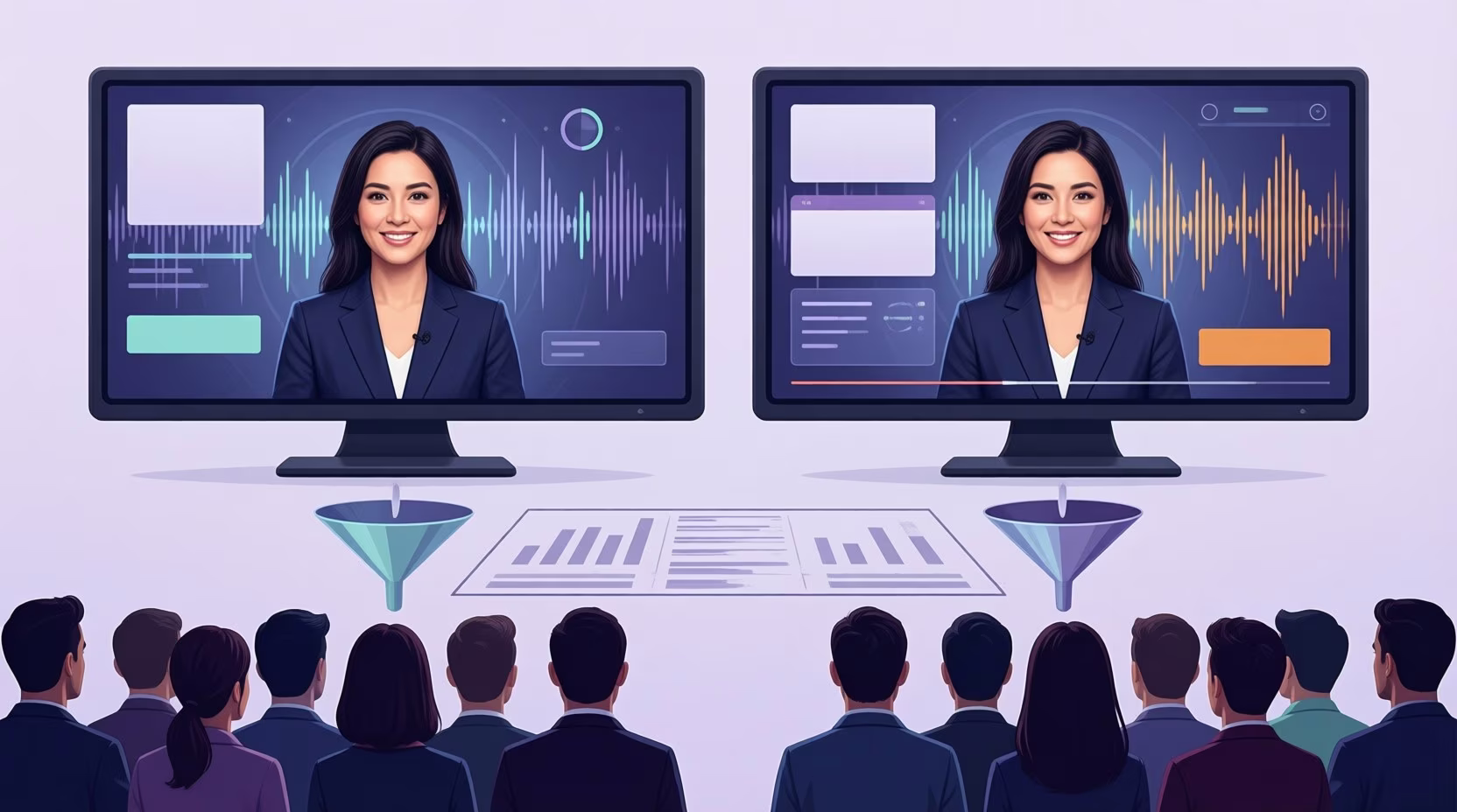Flat editorial illustration: The article connects AI-generated avatar variants with disciplined, measurable video experiments. A