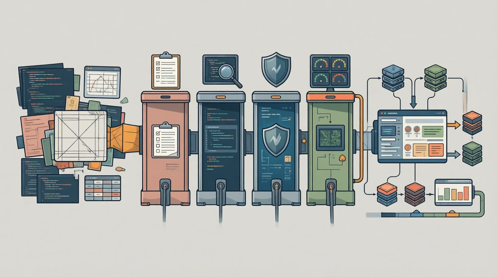 Flat editorial illustration: The article's core relationship is the engineering transition from an AI prototype to a production-r