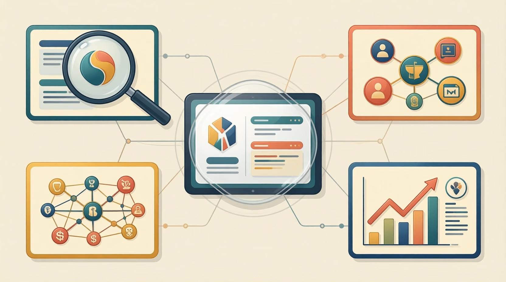 Flat editorial illustration: The article compares four AI visibility agencies that help brands appear accurately in AI-generated
