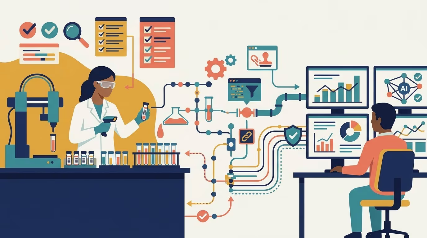 Flat editorial illustration: The article’s core relationship is a transfer of discipline from regulated laboratories to analytics