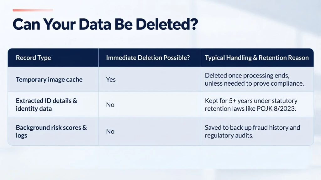 Data deletion table showing retention rules for records