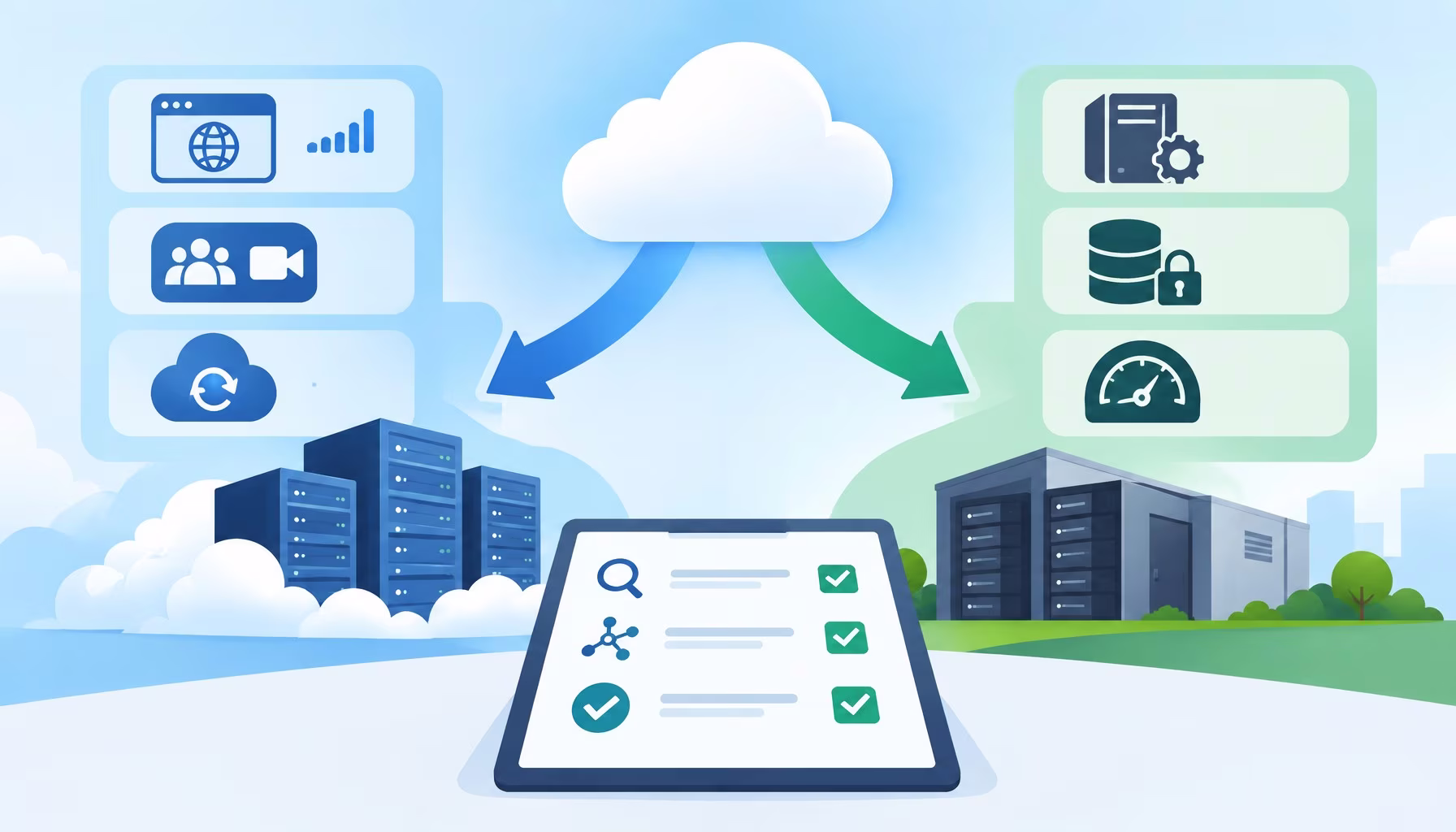 Flat editorial illustration: The article's core relationship is workload-by-workload decision-making for cloud migration, where s