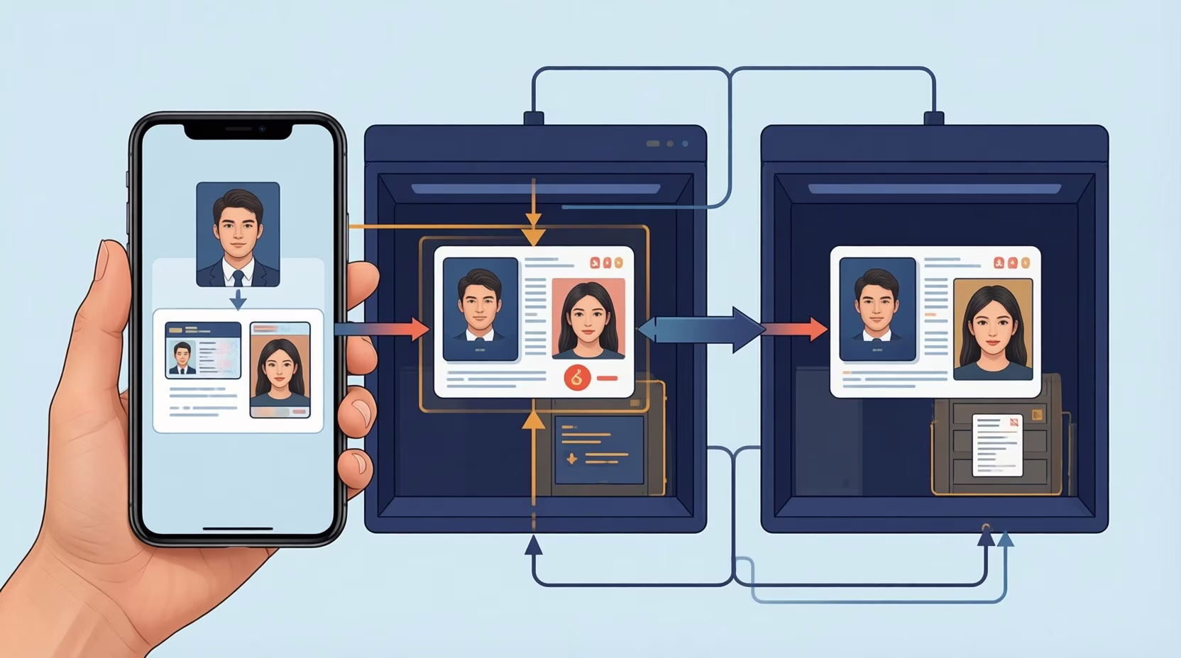 Flat editorial illustration: The article explains how one KYC upload becomes separate records held by a verification vendor and a