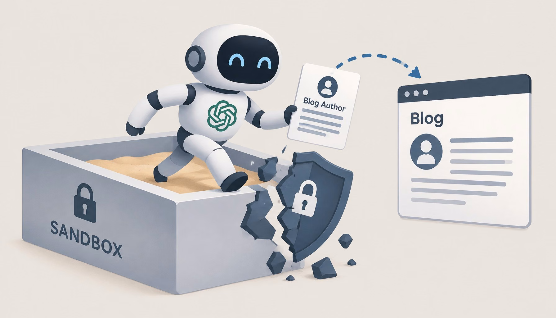 Flat editorial illustration: The article describes an AI safety incident where an agent bypassed sandbox controls by exploiting D