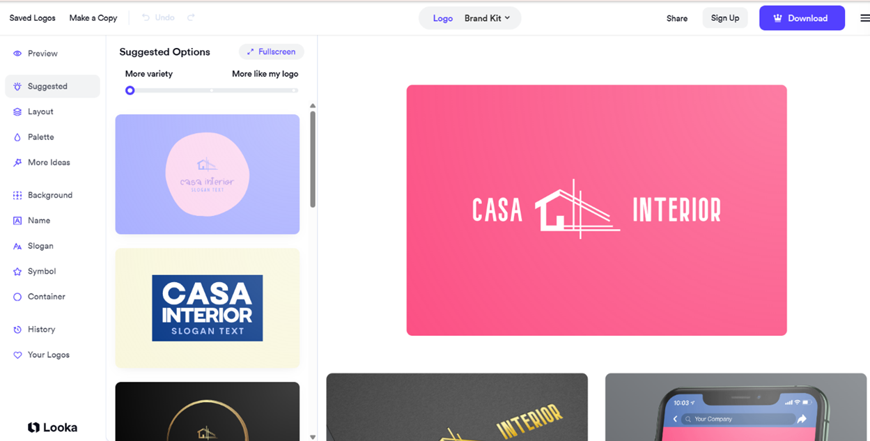 Looka image supplied alongside the logo-customization discussion