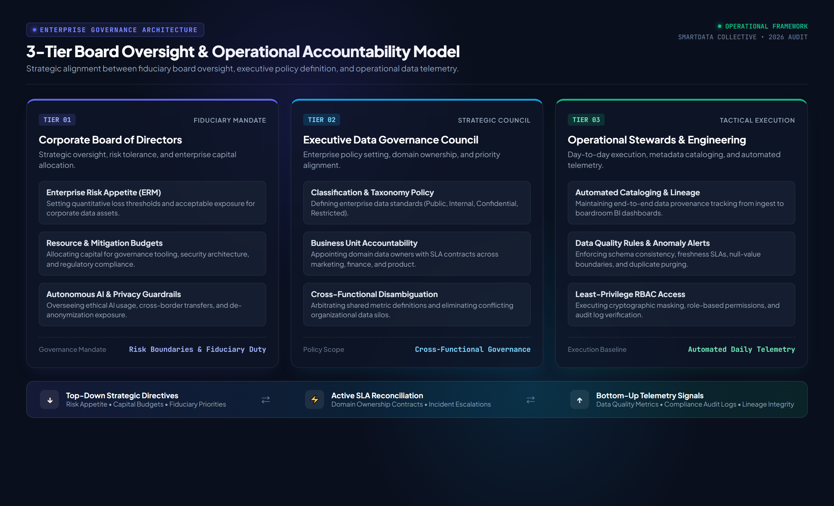Enterprise Data Governance Architecture: 3-Tier Board Oversight and Operational Accountability Model