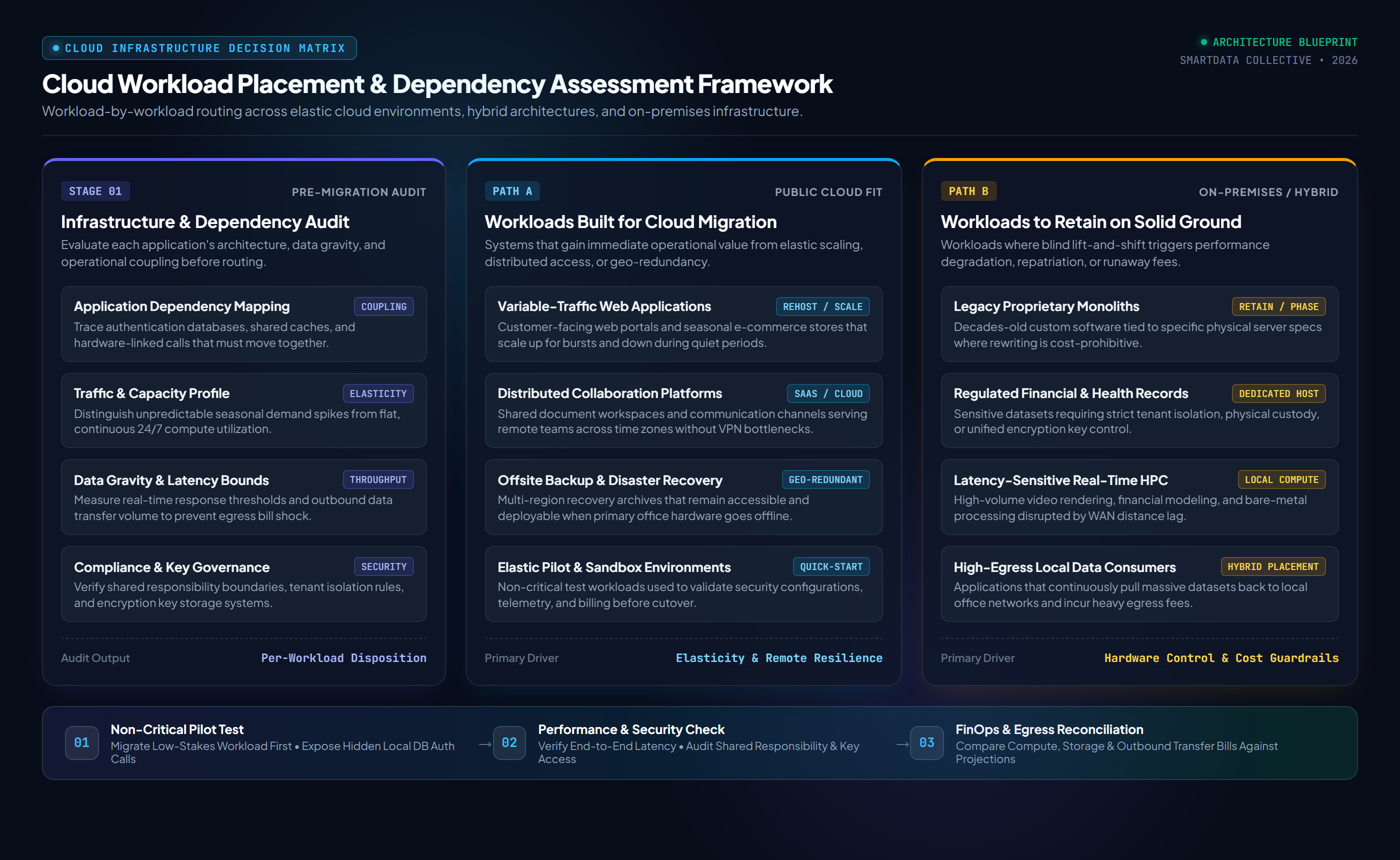 Cloud Workload Placement and Dependency Assessment Framework: 3-Stage Decision Matrix for Public Cloud, On-Premises Retention, and Hybrid Architecture