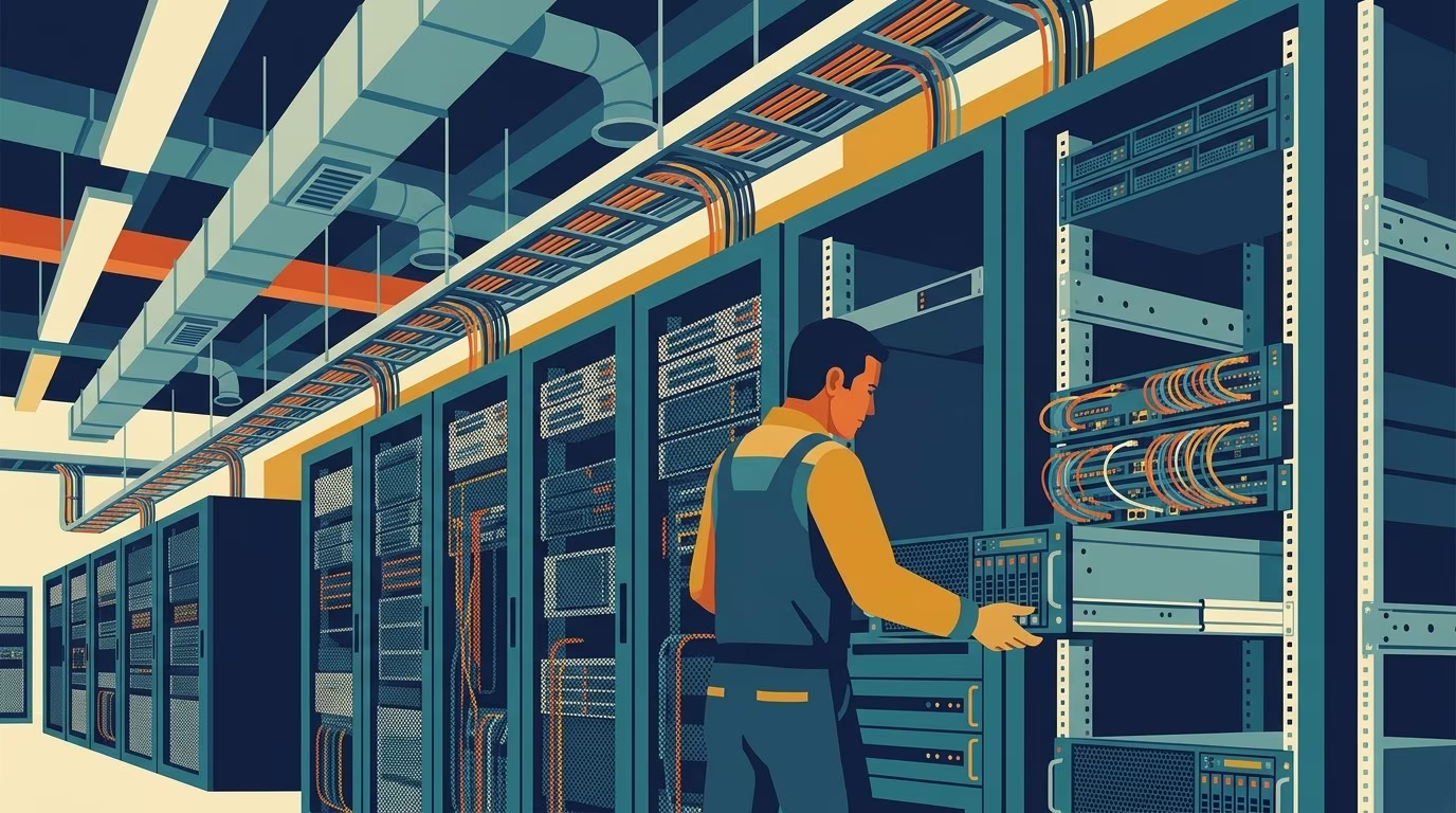 Flat editorial illustration: The article’s core relationship is between growing compute density and adaptable rack hardware that
