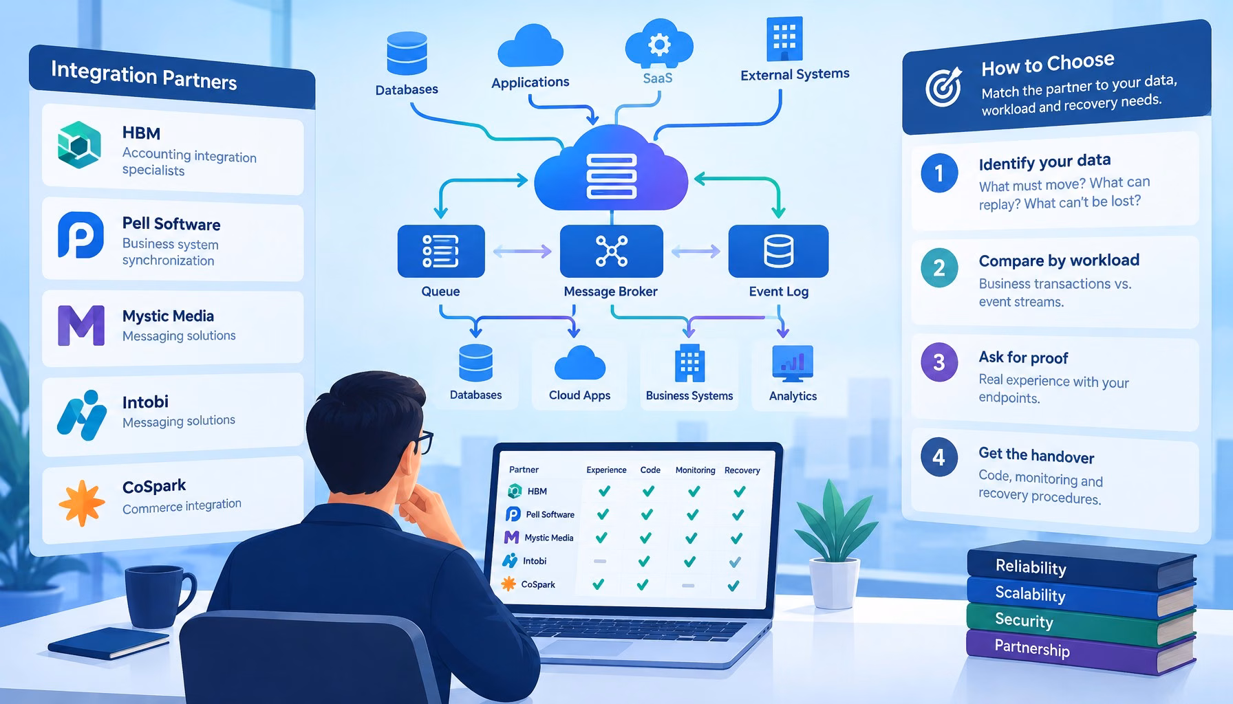 Technical architecture diagram and decision framework for choosing an integration partner for data pipelines: service bus, brokers, and azure-native middleware compared