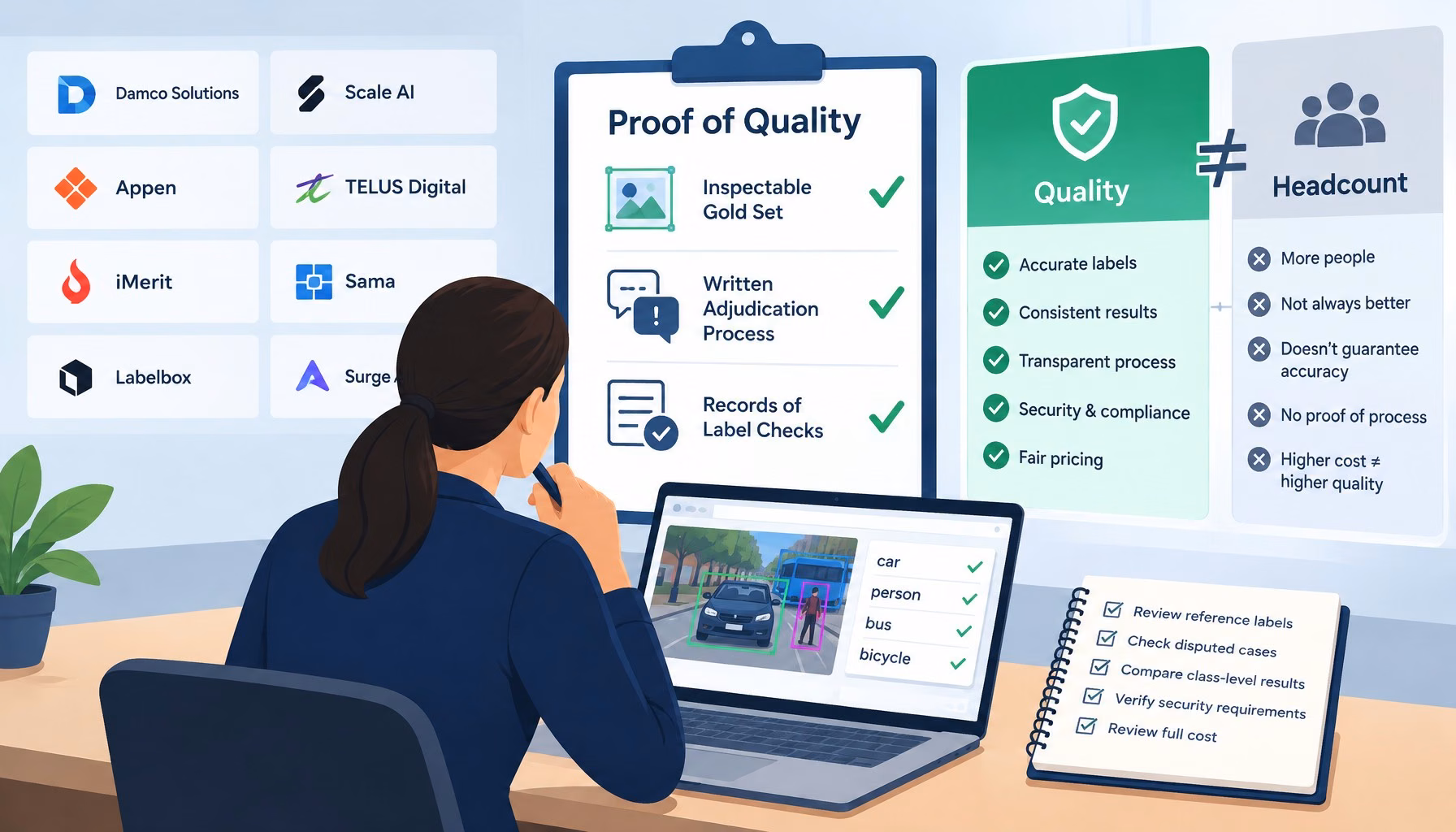 Flat editorial illustration: The article argues that data annotation quality should be measured by inspectable gold sets, written
