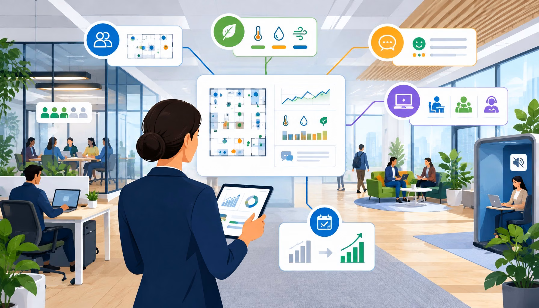 Flat editorial illustration: The article's core relationship is between aggregated workplace data (occupancy, environmental, feed